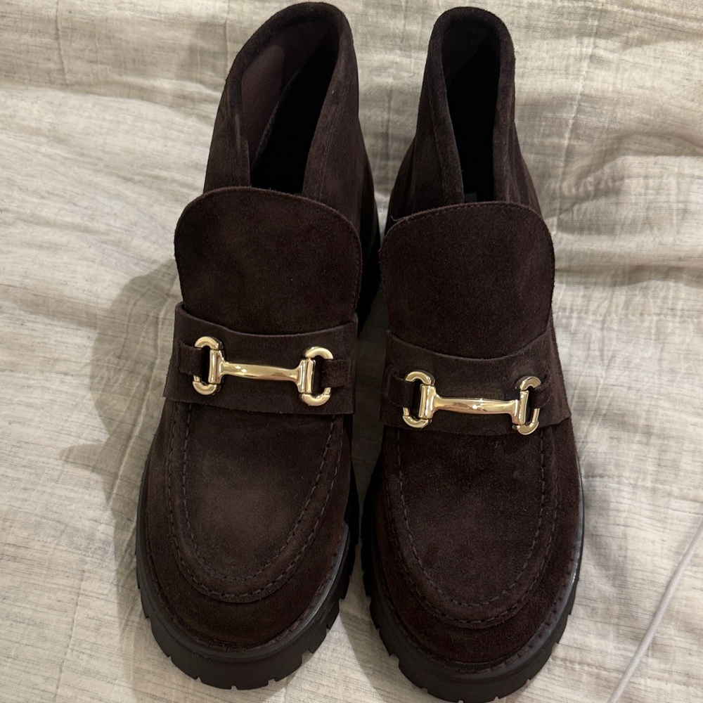 woman’s  Brown Suede Loafers with Gold Bit